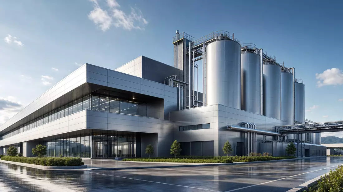 Architekturvisualisierung eines modernen Edelstahlwerks mit Silos und Fassaden