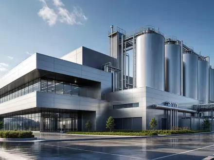 Architektur-Render einer modernen Edelstahlfabrik zeigt die Produktionsanlagen von Acerinox S.A. (ISIN ES0132105018) im Detail - Foto: THN