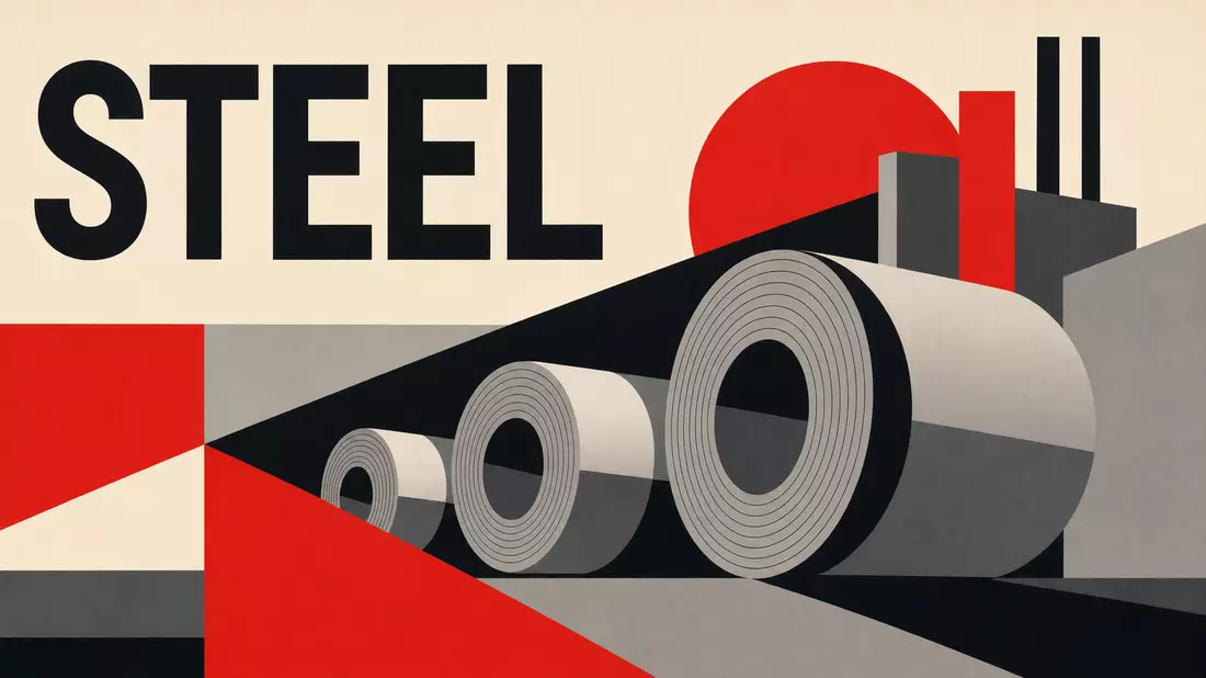 Bauhaus-Poster mit geometrischen Stahlcoil-Formen und dem Schriftzug STEEL