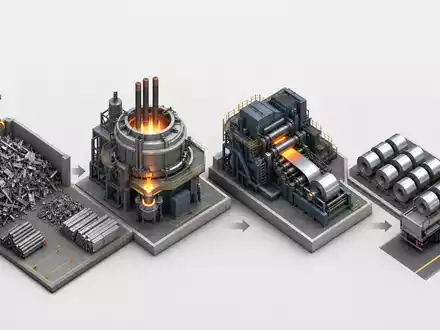 Isometrische 3D-Grafik der Stahl-Wertschöpfungskette illustriert die Produktionsprozesse von Acerinox S.A. (ISIN ES0132105018) übersichtlich - Foto: THN