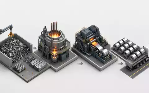 Isometrische 3D-Grafik der Stahl-Wertschöpfungskette illustriert die Produktionsprozesse von Acerinox S.A. (ISIN ES0132105018) übersichtlich - Foto: THN