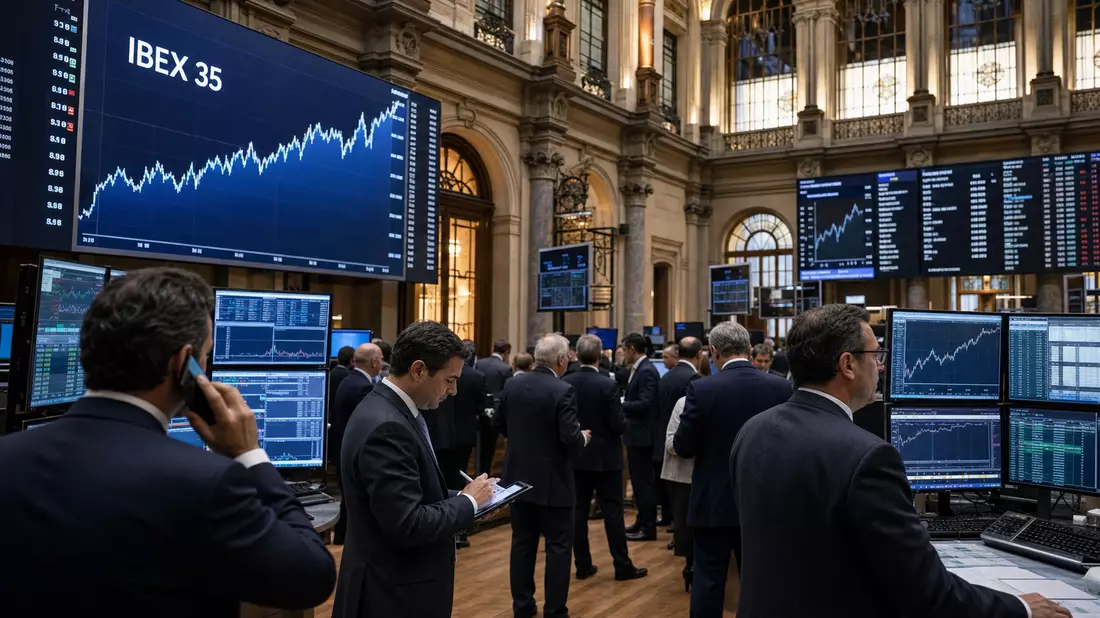 Trader vor Bildschirmen mit IBEX 35 Kursdiagrammen in einem Handelssaal