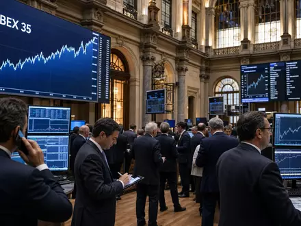 Börsen-Editorialfoto vom Handelssaal in Madrid mit IBEX-35-Charts symbolisiert den Börsenhandel von Acerinox S.A. (ISIN ES0132105018) - Foto: THN