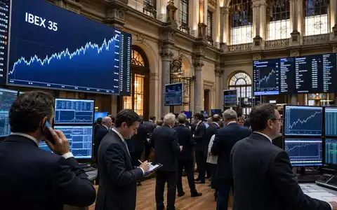 Börsen-Editorialfoto vom Handelssaal in Madrid mit IBEX-35-Charts symbolisiert den Börsenhandel von Acerinox S.A. (ISIN ES0132105018) - Foto: THN