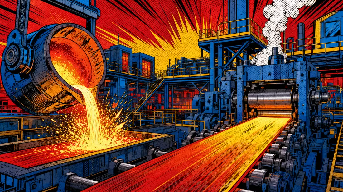 Bunte Comic-Illustration einer Stahlfabrik mit glühendem Metall und Walzmaschinen
