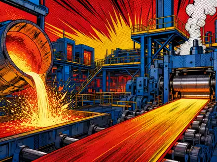 Farbenfrohe Pop-Art-Comic-Szene einer Stahlfabrik stellt die industrielle Welt von Acerinox S.A. (ISIN ES0132105018) verspielt dar - Foto: THN
