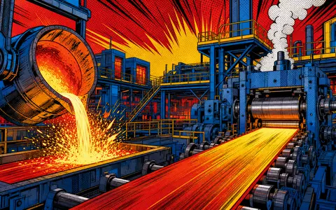 Farbenfrohe Pop-Art-Comic-Szene einer Stahlfabrik stellt die industrielle Welt von Acerinox S.A. (ISIN ES0132105018) verspielt dar - Foto: THN