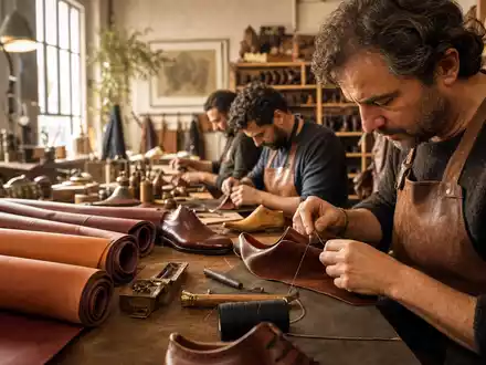 Salvatore Ferragamo S.p.A. IT0004712375 zeigt fotorealistische Luxus-Lederwerkstatt mit Handwerkern die edle Schuhe fertigen - Foto: THN
