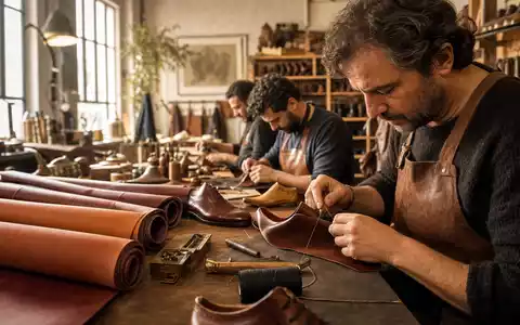 Salvatore Ferragamo S.p.A. IT0004712375 zeigt fotorealistische Luxus-Lederwerkstatt mit Handwerkern die edle Schuhe fertigen - Foto: THN