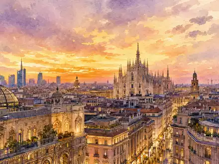Salvatore Ferragamo S.p.A. IT0004712375 Aquarell-Gemälde zeigt Mailand-Skyline mit Domplatz goldenem Abendlicht künstlerische stimmungsvolle Panorama-Ansicht - Foto: THN