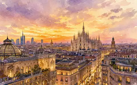 Salvatore Ferragamo S.p.A. IT0004712375 Aquarell-Gemälde zeigt Mailand-Skyline mit Domplatz goldenem Abendlicht künstlerische stimmungsvolle Panorama-Ansicht - Foto: THN