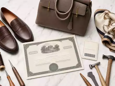 Salvatore Ferragamo S.p.A. IT0004712375 Flatlay generische Luxus-Lederschuhe Handtasche Aktien-Zertifikat ISIN-Karte Marmortisch Anordnung - Foto: THN
