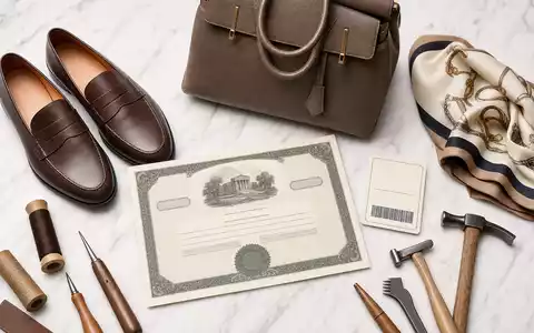 Salvatore Ferragamo S.p.A. IT0004712375 Flatlay generische Luxus-Lederschuhe Handtasche Aktien-Zertifikat ISIN-Karte Marmortisch Anordnung - Foto: THN