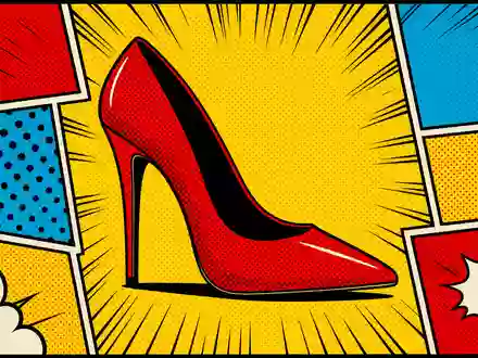 Salvatore Ferragamo S.p.A. IT0004712375 Pop-Art-Comic zeigt stilisierten Luxus-Stiletto-Schuh mit Halbton-Rastermuster Primärfarben Lichtenstein-Stil Illustration - Foto: THN