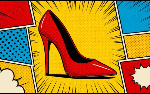 Salvatore Ferragamo S.p.A. IT0004712375 Pop-Art-Comic zeigt stilisierten Luxus-Stiletto-Schuh mit Halbton-Rastermuster Primärfarben Lichtenstein-Stil Illustration - Foto: THN