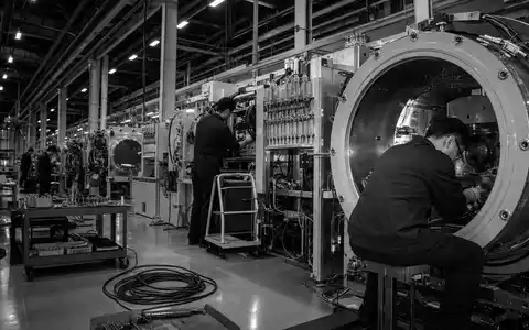 ASM International N.V. (NL0000334118): dokumentarische Schwarzweiß-Aufnahme von Technikern bei Montage großer Prozesskammer-Module - Foto: THN