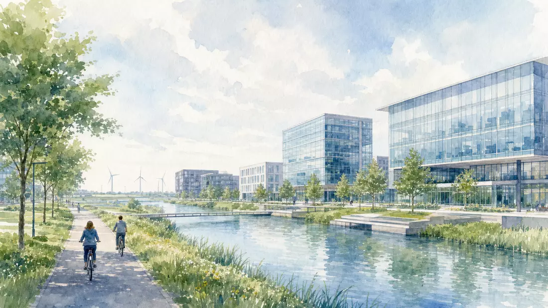 Aquarellmalerei von Glasgebäuden, Kanal und Windrädern in Almere