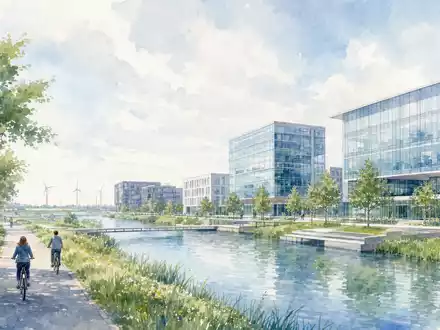 ASM International N.V. (NL0000334118) inspiriert Aquarellbild des Firmensitzes Almere mit Kanälen, Radwegen und Windrädern - Foto: THN