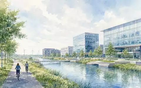 ASM International N.V. (NL0000334118) inspiriert Aquarellbild des Firmensitzes Almere mit Kanälen, Radwegen und Windrädern - Foto: THN
