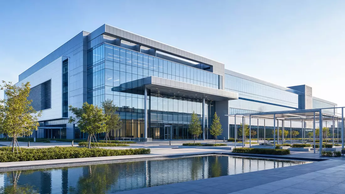 Architektur-Render eines modernen Glas- und Metallgebäudes mit Wasserbecken