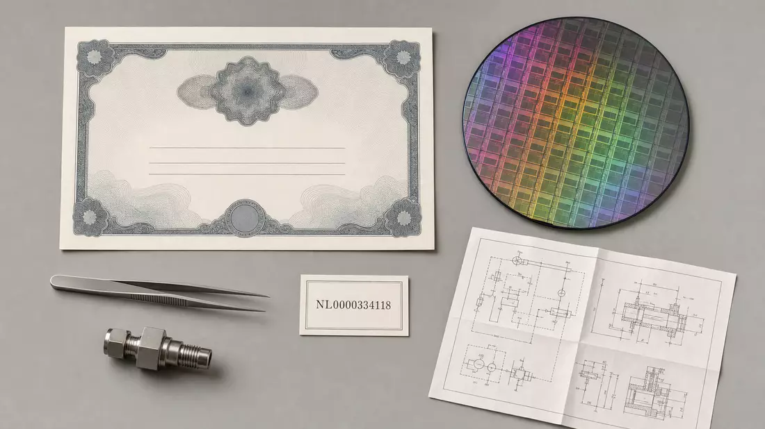 Flatlay mit Zertifikat, ISIN-Karte, Silizium-Wafer und technischem Schaltplan