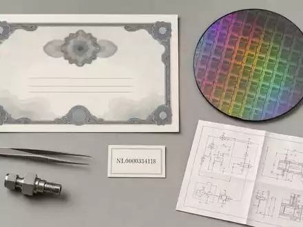 ASM International N.V. (NL0000334118): Flatlay mit Aktienzertifikat, ISIN-Karte NL0000334118, Wafer und Schaltplan - Foto: THN