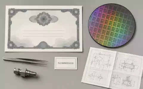 ASM International N.V. (NL0000334118): Flatlay mit Aktienzertifikat, ISIN-Karte NL0000334118, Wafer und Schaltplan - Foto: THN