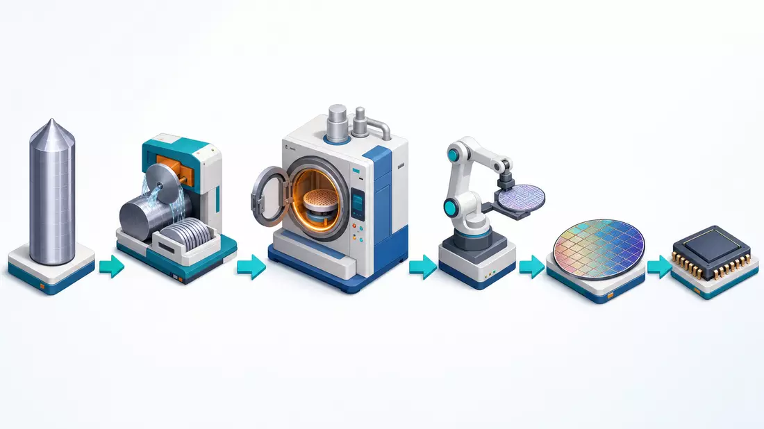 Isometrische 3D-Illustration der Halbleiter-Wertschöpfungskette mit Prozesskammer