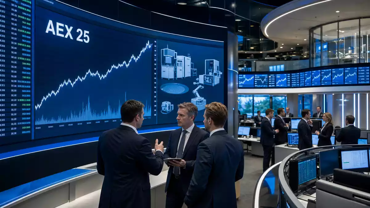 Trading-Floor mit AEX 25 Kurscharts und Halbleiteranlagen-Icons auf Bildschirmen