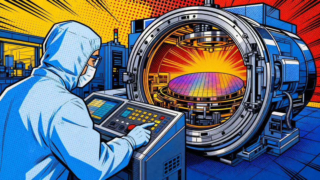 Pop-Art-Comic eines Technikers an einer leuchtenden Halbleiter-Prozesskammer