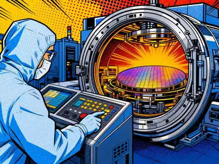 ASM International N.V. (NL0000334118): farbiges Pop-Art-Comic zeigt einen Techniker an leuchtender Halbleiter-Prozesskammer mit Wafer - Foto: THN