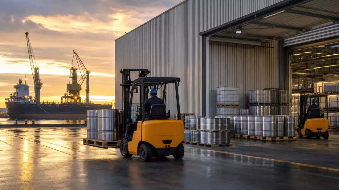 Fotorealistisches Hafenlager mit Fässern und Containern für Spezialchemie-Distribution bei Sonnenuntergang