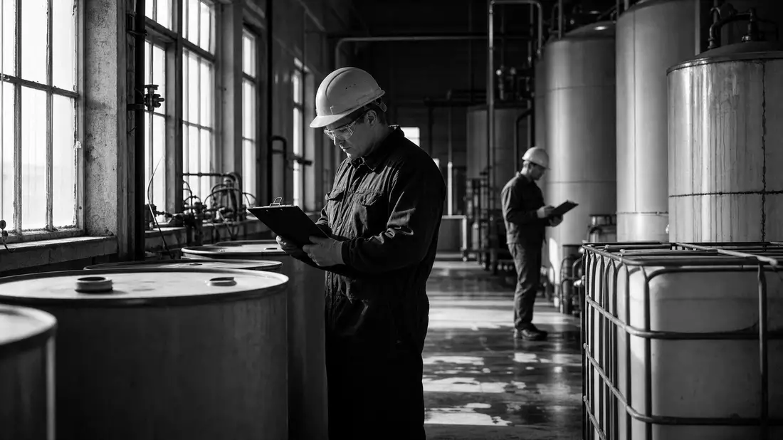 Schwarzweiß-Dokumentarfoto von Arbeitern bei Kontrolle chemischer Lagertanks in Industriehalle