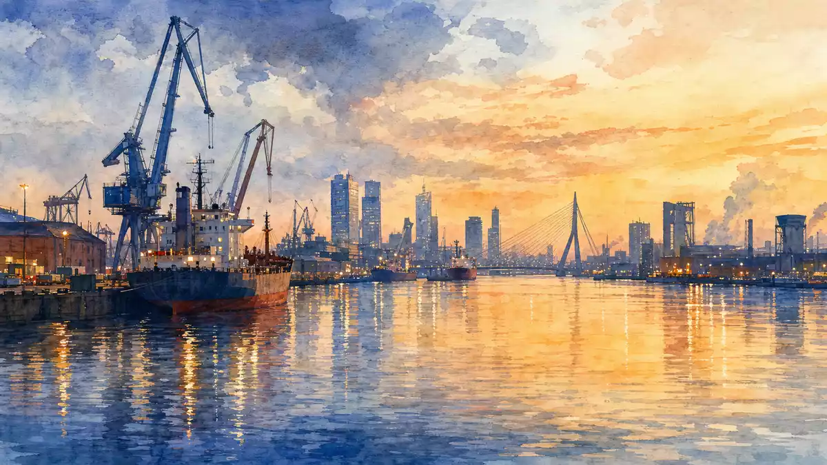 Aquarellbild der Rotterdamer Hafenskyline mit Kränen und Schiffen bei Dämmerung