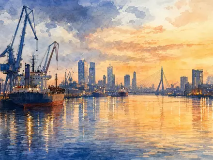 Aquarellmalerei des Rotterdamer Hafens symbolisiert Standort von IMCD N.V., ISIN NL0010801007, künstlerisch und stimmungsvoll - Foto: THN