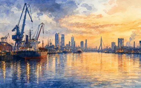 Aquarellmalerei des Rotterdamer Hafens symbolisiert Standort von IMCD N.V., ISIN NL0010801007, künstlerisch und stimmungsvoll - Foto: THN