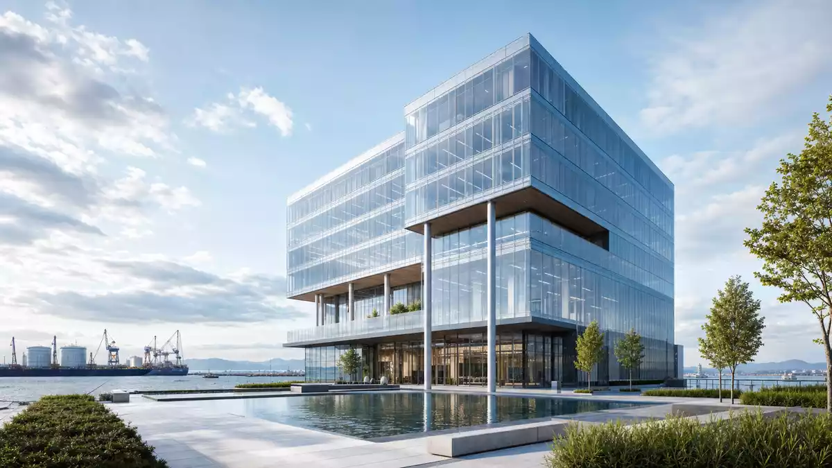 Moderner gläserner Bürokomplex am Hafen mit Wasserbecken und Terrasse, architektonische Visualisierung
