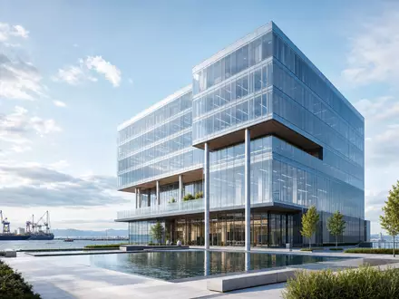 Architektur-Render eines modernen Bürogebäudes visualisiert Hauptsitz-Stil von IMCD N.V., ISIN NL0010801007, an Wasserfront - Foto: THN