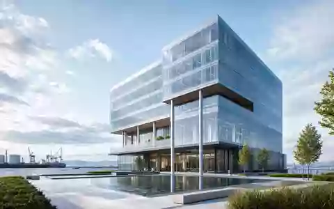 Architektur-Render eines modernen Bürogebäudes visualisiert Hauptsitz-Stil von IMCD N.V., ISIN NL0010801007, an Wasserfront - Foto: THN