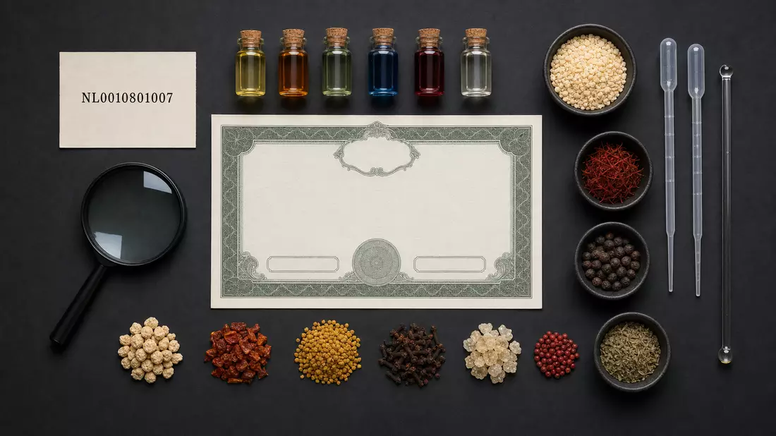 Flatlay mit Aktienzertifikat, ISIN-Karte, Chemiefläschchen, Pipetten und Gewürzproben auf dunklem Untergrund