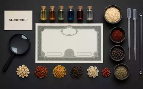 Flatlay-Arrangement mit ISIN-Karte NL0010801007 repräsentiert Aktie von IMCD N.V. neben Chemie- und Gewürzproben - Foto: THN