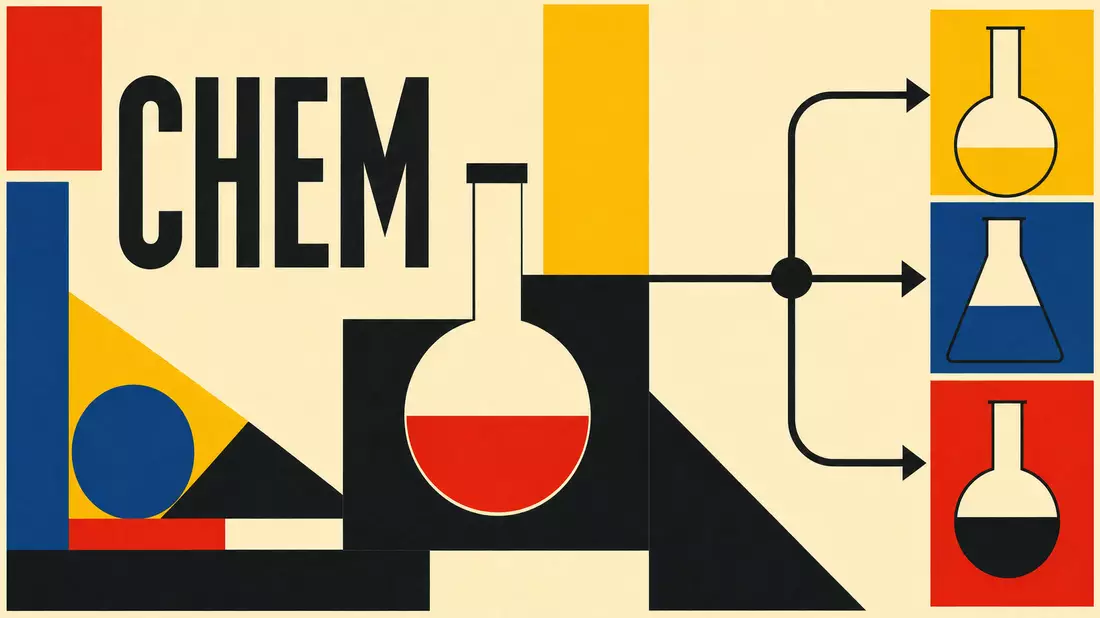 Geometrisches Bauhaus-Poster mit Chemiekolben, Pfeilen und dem Kürzel CHEM in Primärfarben