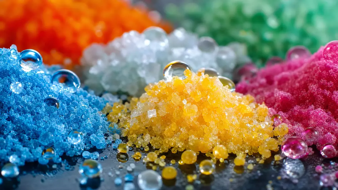 Extreme Makroaufnahme farbiger kristalliner Chemiegranulate mit glänzenden Wassertropfen