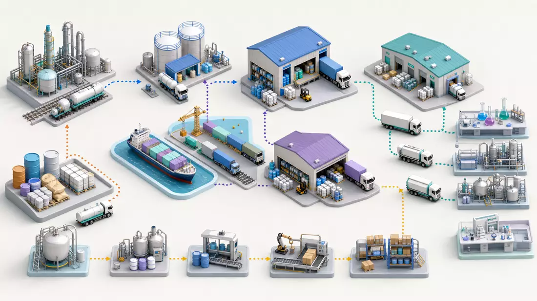 Isometrische 3D-Illustration einer Lieferkette mit Lagerhallen, Schiffen, Lastwagen und Chemieanlagen
