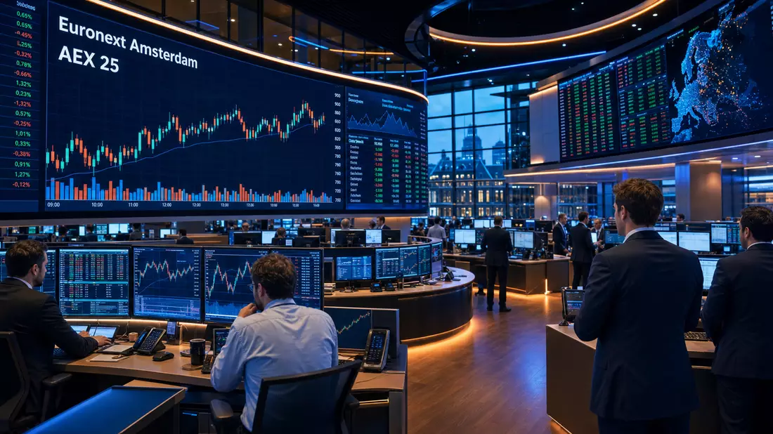 Editorial-Foto eines Handelsraums mit Börsenbildschirmen zu Euronext Amsterdam und AEX 25