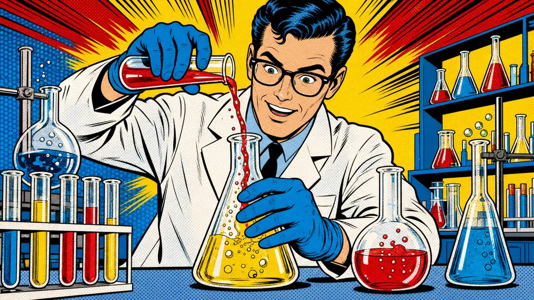 Pop-Art-Comic-Illustration eines Labortechnikers beim Mischen bunter Chemikalien im Retro-Stil