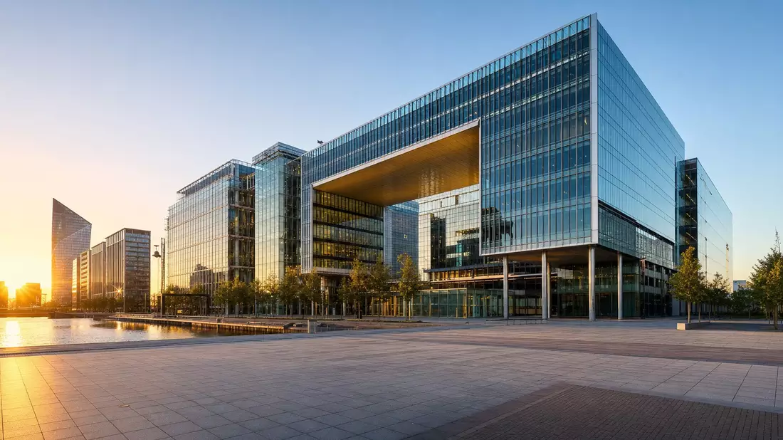 Modernes Glasbürogebäude am Kanal in Den Haag bei Sonnenuntergang, Finanzdienstleistungsviertel