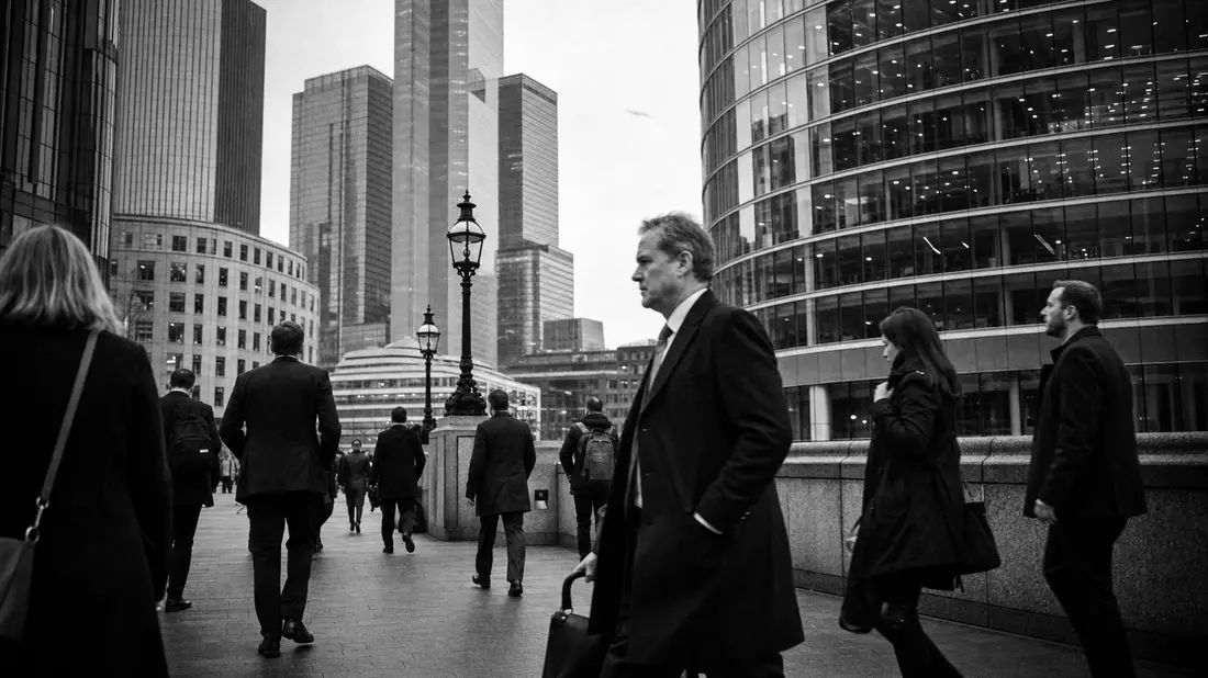 Schwarzweißes Reportagefoto von Berufspendlern in einem Finanzdistrikt mit Glastürmen