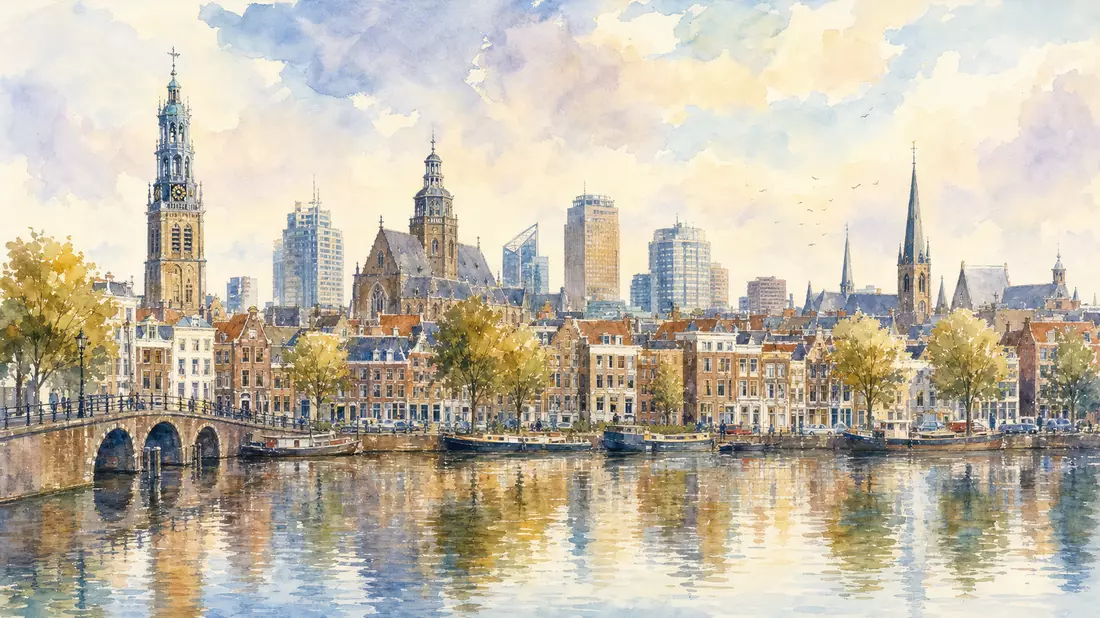 Aquarellmalerei einer historischen niederländischen Stadtsilhouette mit Kanal und Türmen