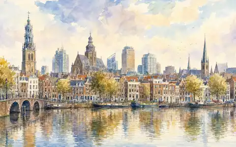 Aquarellgemälde einer niederländischen Stadtsilhouette steht für Aegon N.V., ISIN NL0000303709, mit Konzernsitz in Den Haag - Foto: THN